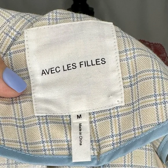 NWT Avec Les Filles Tan and Blue Plaid patchwork Trenchcoat Medium - Picture 9 of 16